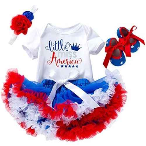 4th of July Baby Girl Birthday Outfit American Flag Romper+Ruffle Tulle Skirt+Headband+Shoes Independence Day 4pcs Set