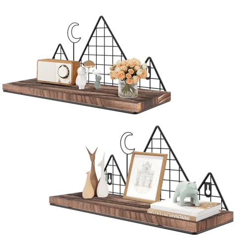 Homode Floating Shelves, Set of 2 Mountain Wall Shelves, Rustic Wood Display Storage Shelf with Metal Wire, Geometric Decor for Bathroom, Nursery, Bedroom, Office, Brown and Black