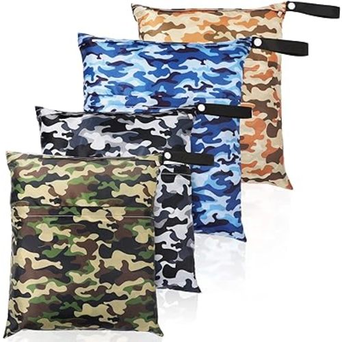 4 Pieces Waterproof Wet Bag Reusable Washable Wet Dry Bag Sealed Wet Diaper Bag with Handle for Travel, Beach, Wet Swimwear, Diapers, Dirty Gym Clothes and Toiletries, 12 x 14 Inch(Camouflage)