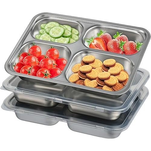 CIEOVO 3 Pieces Stainless Steel Snack Containers with Lids, Balanced Bites Divided Plates 4 Compartments Divided Food Storage Container Portion Control Metal Lunch Tray for School Home Travel