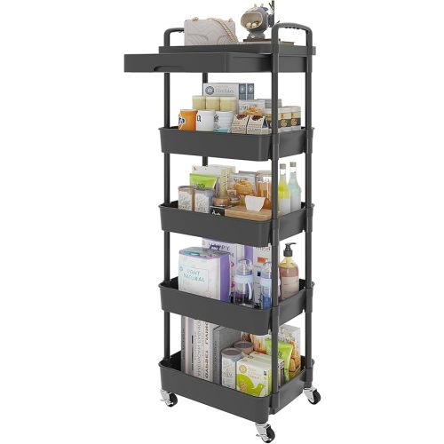 Calmootey 5-Tier Rolling Utility Cart with Drawer,Multifunctional Storage Organizer with Plastic Shelf & Metal Wheels,Storage Cart for Kitchen,Bathroom,Living Room,Office,Black