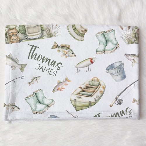 Personalized Fishing Swaddle Blanket For Baby Shower, Custom Boat Newborn Baby Boy Gift, Fish Toddler Name Blanket, Coming Home Outfit