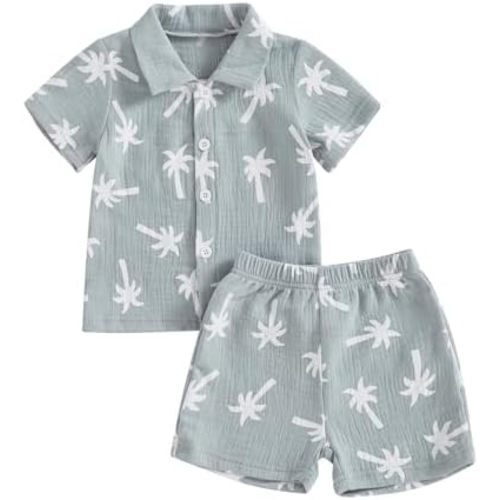 Mandizy Toddler Baby Boy Summer Clothes Checkered Palm Tree Print Shirt Tops and Shorts Set 2Pcs Cotton Linen Outfit