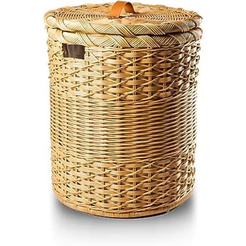The Basket Lady Round Wicker Laundry Hamper, Large, 19 in Dia x 25 in H, Sandstone