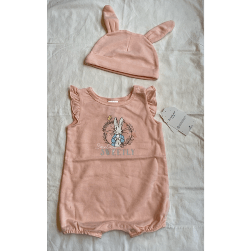 NWT PETER RABBIT SUMMER PINK ROMPER &amp; HAT WITH BUNNY EARS SET OUTFIT 6/9 MO