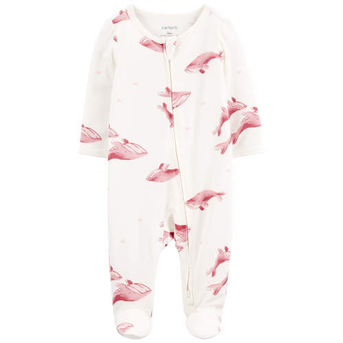Baby Whale Print 2-Way Zip LENZING™ ECOVERO™ Sleep & Play Pajamas - 3M - Style,Ivory/Pink