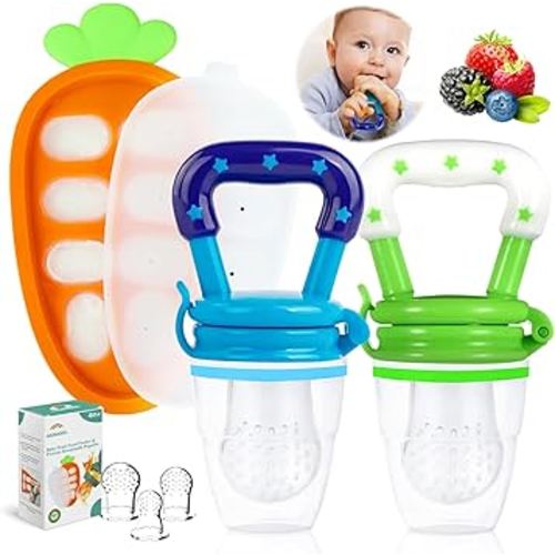 Baby Fruit Feeder with Freezer Tray – 3-Size Silicone Teether for 3-24 Months, BPA-Free, Leakproof Self-Feeder, Dishwasher Safe, Baby Weaning & Teething Snack Tool(Blue Green)