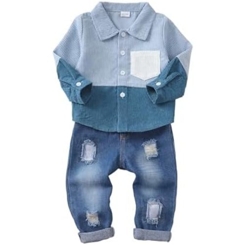 NZRVAWS Toddler Baby Boy Clothes Infant Plaid Pocket Shirt Denim Ripped Jean Pants Outfits Set 6-24 Months 2-5T