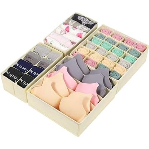 GOGOODA 4 Pcs Drawer Organizers Divider, Closet Socks Organizer and Storage Boxes for Lingerie, Bra, Undies