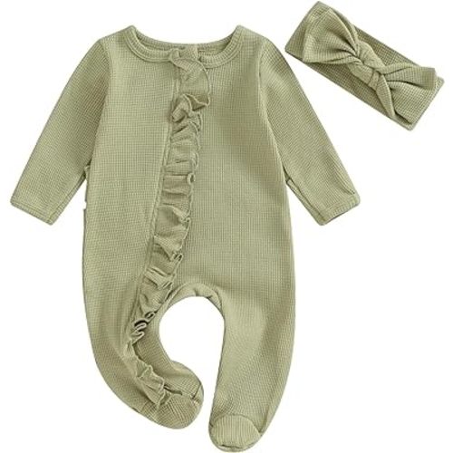 Ledy Champswiin Newborn Baby Girl Solid Romper Clothes Long Sleeve Frill Onesie Bodysuit Infant Jumpsuit Headband Outfits