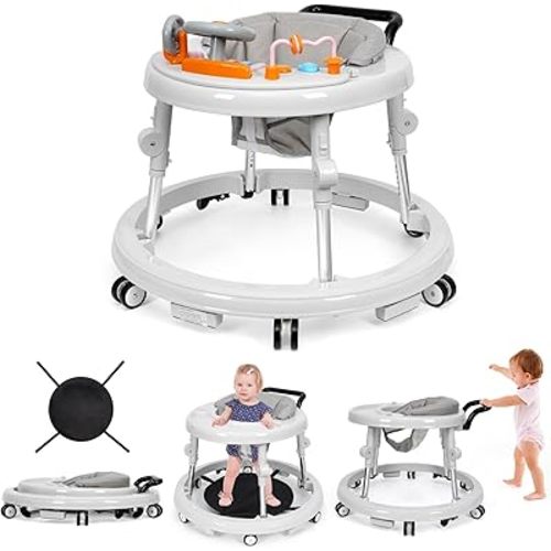 Music and Lights Baby Walker Foldable with 9 Adjustable Heights, Baby Walker with Wheels Portable, Baby Walkers and Activity Center for Boys Girls Babies 7-18 Months (New-White)