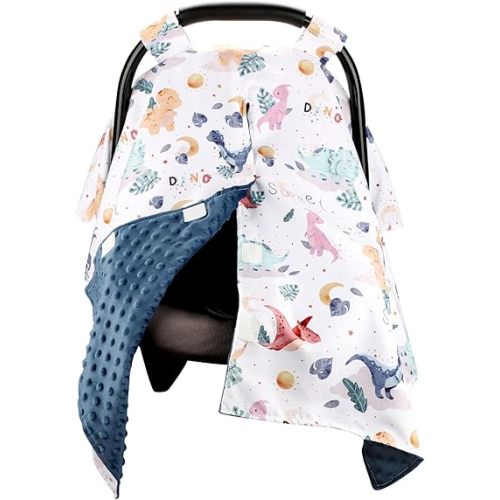 Baby Car Seat Cover for Boy, Minky Warm Winter Car Seat Covers for Babies, Peekaboo Opening Infant Car Seat Cover, Nursing Cover Carseat Canopy, Cute Dinosaur
