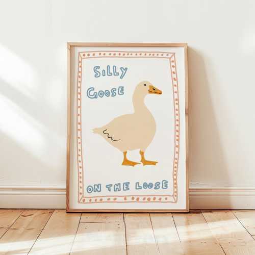 Silly Goose on the Loose Print, Apartment Decor Retro Wall Art, Quirky Wall, Nursery Art, Trendy Wall Art, Cottage Core Decor PHYSICAL PRINT