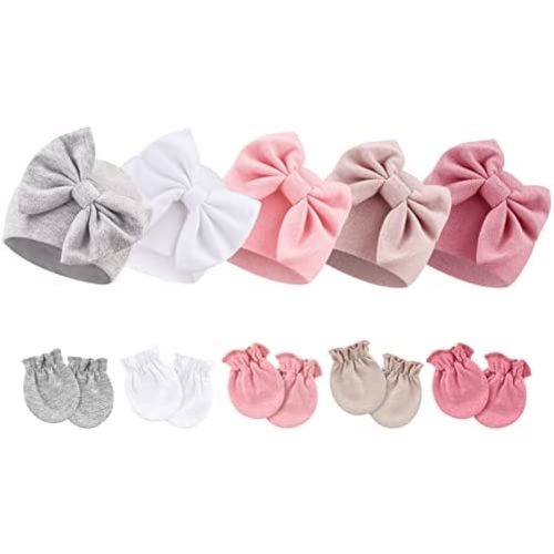 BQUBO Newborn Baby Girls Hats Mittens Set Hospital Hat Beanie Infant Bow Hats Baby Cotton Gloves for 0-6 Months
