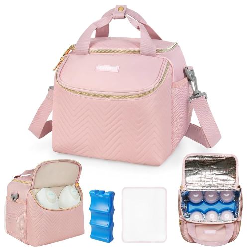 Wearable Breast Pump Bag,Breastmilk Cooler Travel Bag Compatible with Momcozy/Medela/Elvie/Willow Breast Pump with Ice Pack and Water Resistent Mat for 6 Baby Bottles Up to 9 Ounce,Pink