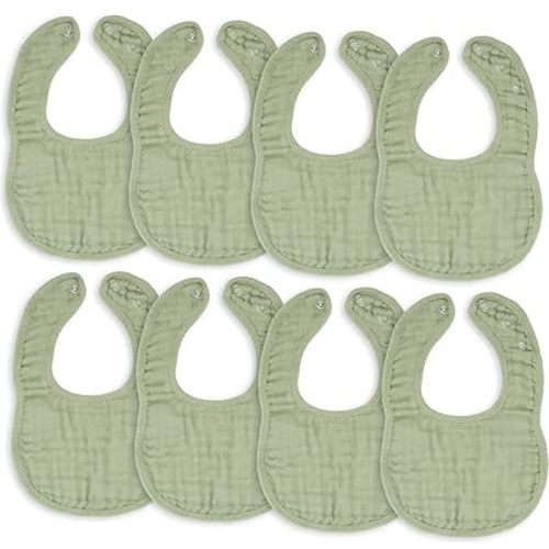 Comfy Cubs Muslin Bibs for Babies, Pack of 8 - Soft and Highly Absorbent, Feeding, Drool and Teething Bib, Adjustable Snaps - Stylish & Colorful Unisex Designs, Giftable Set - Sage