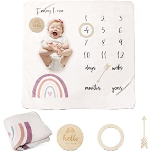 ibwaae Baby Thick Flannel Monthly Milestone Blanket Newborn Growth Chart Soft Neutral Photography Background Blanket (40"x41") with Milestone Card Circle Ring Arrow Gift(Rainbow