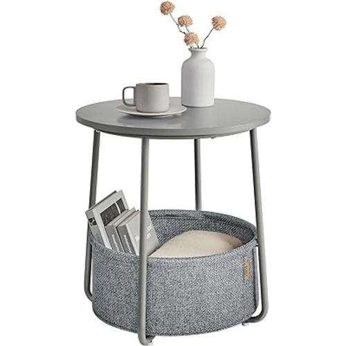 VASAGLE Small Round Side End Table, Modern Nightstand with Fabric Basket, Bedside Table for Living Room Bedroom,,Dove Gray and Slate Gray LET223G36