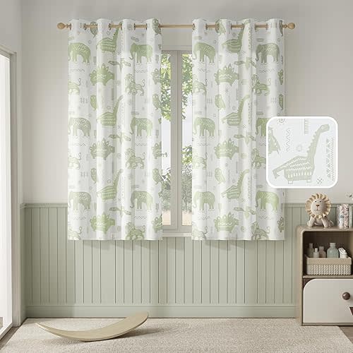 jinchan Kids Curtains 63 Inch Length for Girls Bedroom, Green Safari Animals Dinosaur Nursery Curtains for Boys Room, Light Filtering Window Drape Grommet Top Set 2 Panels
