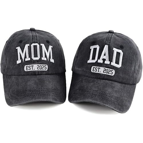 2PCS Est 2025 Mom and Dad Hats for New Parents Gifts, Adjustable Embroidered Baseball Caps Set for Mothers Fathers Day