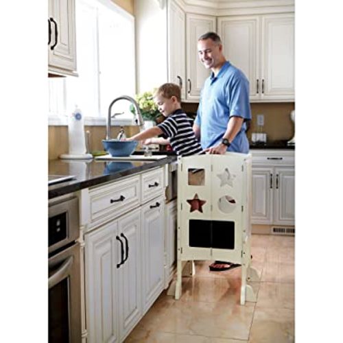 Guidecraft Classic Kitchen Helper® Stool with 2 Keepers - Ivory: Adjustable Height Kitchen Footstool for Toddlers