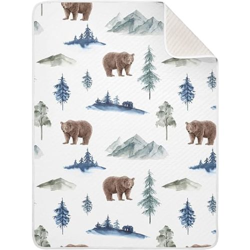 Qilmy Bear on Forest Baby Blanket for Boys Girls Kids with Soft Cotton, Cute Cozy Warm Nursery Receiving Swaddle Blanket for Toddler Infant Crib, 30 x 40 Inch
