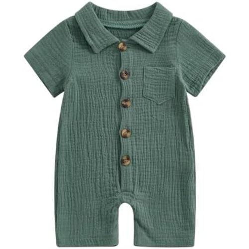 Honganda Summer Baby Boy Cotton Linen Jumpsuit Short Sleeve Button Down Playsuit Romper One Piece Outfit 0-24M