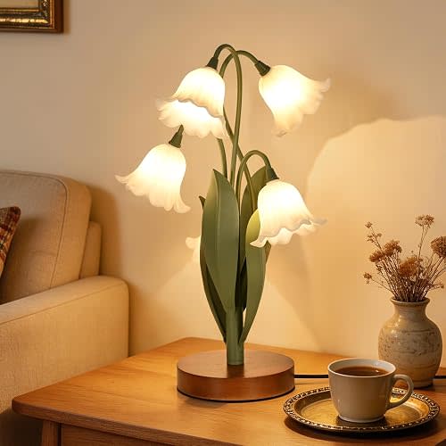 Flower Table Lamp for Bedroom,Cute Reading Light with 5 Wind Chime Grass Flower of The Valley,Desk Lamp Bedside Lamps for Nightstands Home Decor,Soft Reading Night Light for Bedroom Living Room Office