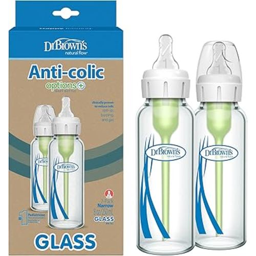 Dr. Brown's Natural Flow Anti-Colic Options+ Narrow Glass Baby Bottle 8 oz/250 mL, with Level 1 Slow Flow Nipple, 2 Pack, 0m+