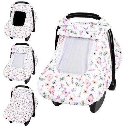 Car Seat Cover Baby, Infant Car Seat Canopy Covers with 2 Layers Windows of Breathable Mesh Fabric, Lightweight Polyester, Soft Minky Dot Backing (Butterfly Pattern)