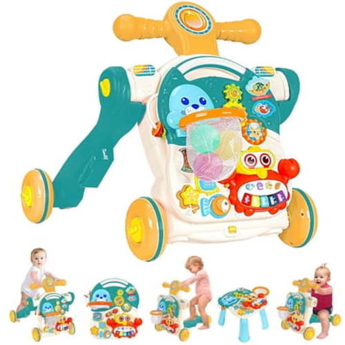 COCLUB 5-in-1 Baby Walker Push Toy & Activity Center for Infants 6-12 Months, Sit-to-Stand Learning Walker with Adjustable Speed, Blue