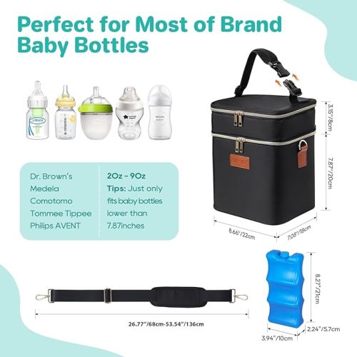 PIIOSER Breastmilk Cooler Bag with Ice Pack Fits 6 Baby Bottles Up to 9 Ounce, Insulated Baby Bottle Tote Bags, Double Layer Waterproof Leak-Proof with Shoulder Strap for Nursing & Working Mom - Black