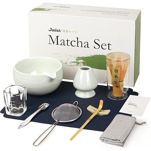 Matcha Tea Set 10-Pcs Kit, Whisk and Bowl with Spout & Measuring Spoon, Japanese Tea Making Tools, Grey