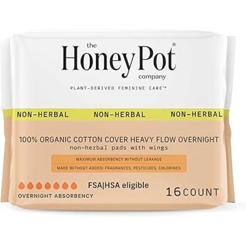 The Honey Pot Company - Sanitary Pads for Women - Non-Herbal Heavy Overnight w/Wings - Organic Cotton Cover & Ultra-Absorbent Pulp Core - Feminine Care - FSA & HSA Eligible - 16 ct
