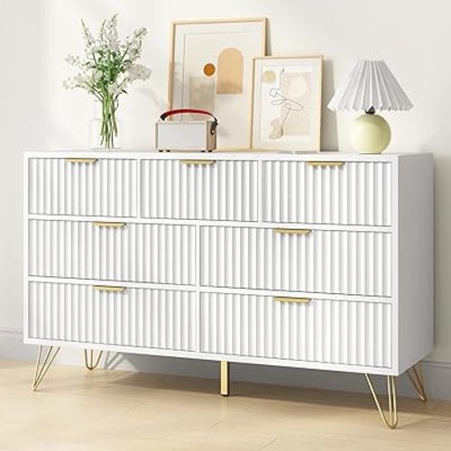 White Dresser for Bedroom, 7 Drawers Dresser with Golden Handles, Modern Wood Chest for Living Room, Hallway, Entryway