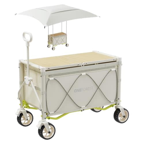 ONEFOREST Collapsible Wagon Cart with Canopy Tent, Portable Large Capacity Foldable Wagon Cart, Heavy Duty Garden Cart with Wheels for Camping Sports Beach Backyard and Picnics, Beige