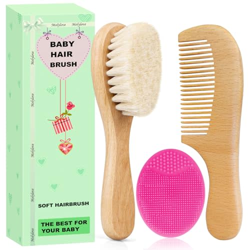 Molylove Baby Hair Brush with Wooden Handle and Comb Set for Newborns & Toddlers | Natural Soft Goat Bristles l Wood Comb l Rose Red Cradle Cap Brush | Ideal for Cradle Cap (3 Piece)