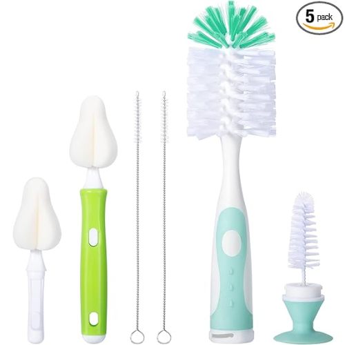 Baby Bottle Brush with One Base Hidden Nylon Nipple Cleaner, 2 Pcs Sponge Nipple Brushes, 2 Pcs Straw Brushes, Bottle Brush with Nipple Cleaner and Suction Cup (Green)