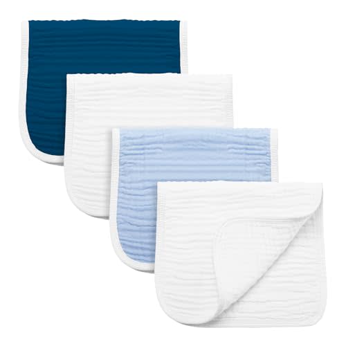 Synrroe Burp Cloths Large, Muslin Burp Cloths for Baby Girls and Boys, Pack of 4 Extra Absorbent and Soft Muslin, 6 Layers 20 by 10 Inches 100% Cotton (Blue Sets 4 Pack)