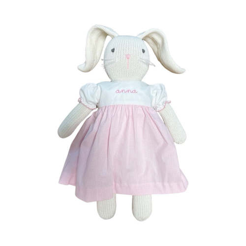 Hand-Knit Bunny Girl, Mini Gingham Embroidered Dress