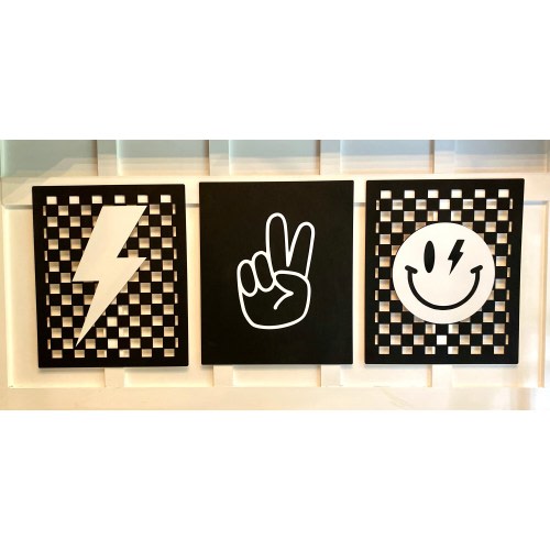 Happy Dude Signs- Peace Sign - Smiling Sign - Checked Sign - Boys Room - Checked - Nursery Decor - Black and White Checked