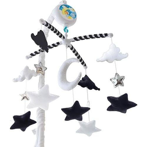 Starry Night Mobile - Cloud and Star Mobile with 12 Piano Lullabies - Black and White Baby Crib Mobile for Boys & Girls