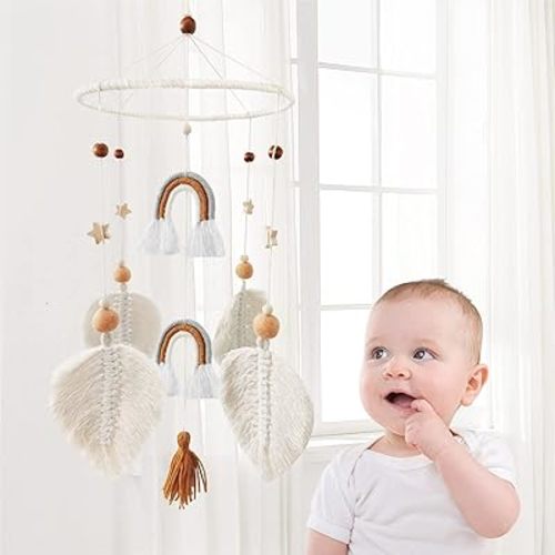 Crib Mobile for Girls and Boys,Macrame Rainbow Boho Baby Mobile Handmade Nursery Kids Room Decor(Rainbow Tassel)
