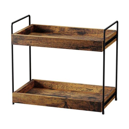 SANRETAHO 2-Tier Bathroom Counter Organizer, Wood Kitchen Countertop Spice Rack, Vanity Cosmetic Makeup Organizers Shelf for Bathroom Storage Organization, Rustic Brown