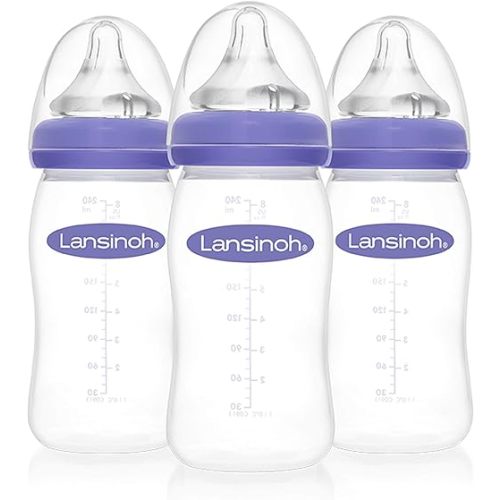 Lansinoh Anti-Colic Baby Bottles for Breastfeeding Babies, 8 Ounces, 3 Count, Includes 3 Medium Flow Nipples, Size M