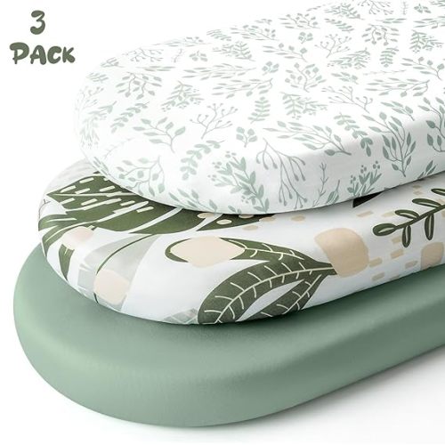 3-Pack Fitted Bassinet Mattress Sheets (Green+Leaf)