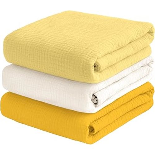 Muslin Swaddle Blankets for Baby Boy - 3 Pack 47x47 Inch Large Receiving Blankets, Soft Breathable Cotton Nursery Swaddles for Newborn, Infant & Todler (Yellow, White, Banana)