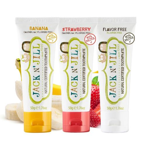 Jack N' Jill Natural Baby Toothpaste - Fluoride Free Training Toothpaste for Babies 6 Months and Up, Safe to Swallow, 40% Xylitol, BPA Free - 1.76 oz (Variety Pack of 3)