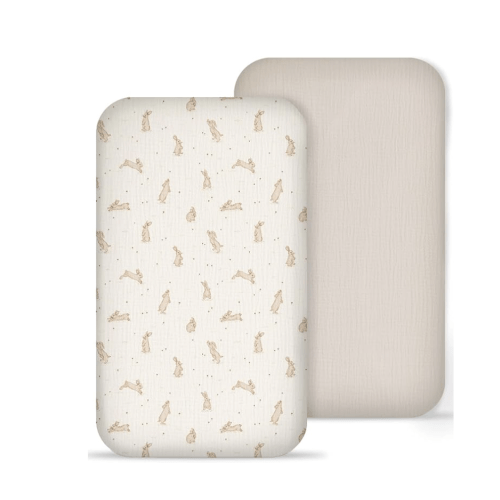 Muslin Bedside Bassinet Sheets 2 Pack, 33" X 20", (Hopping Bunnies & Beige)