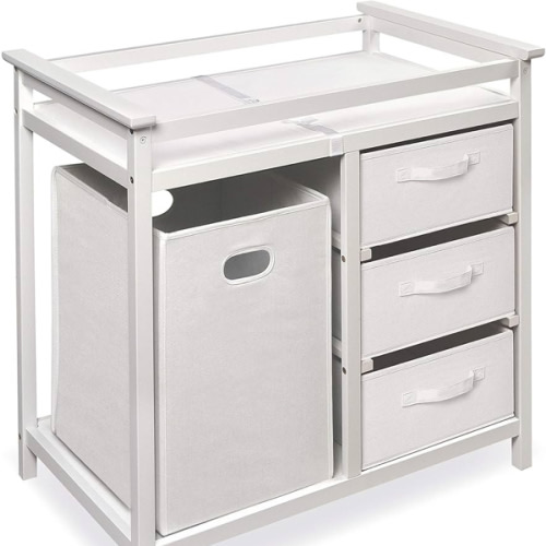 Badger Basket Modern Baby Changing Table - Nursery Furniture with Laundry Hamper and 3 Storage Drawers - Diaper Changing Station with Safety Belt, Changing Pad, and Organizer Baskets - White